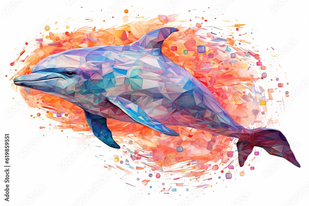 Poster a popular image presents a watercolor geometric style illustration of a playful dolphin, where the d