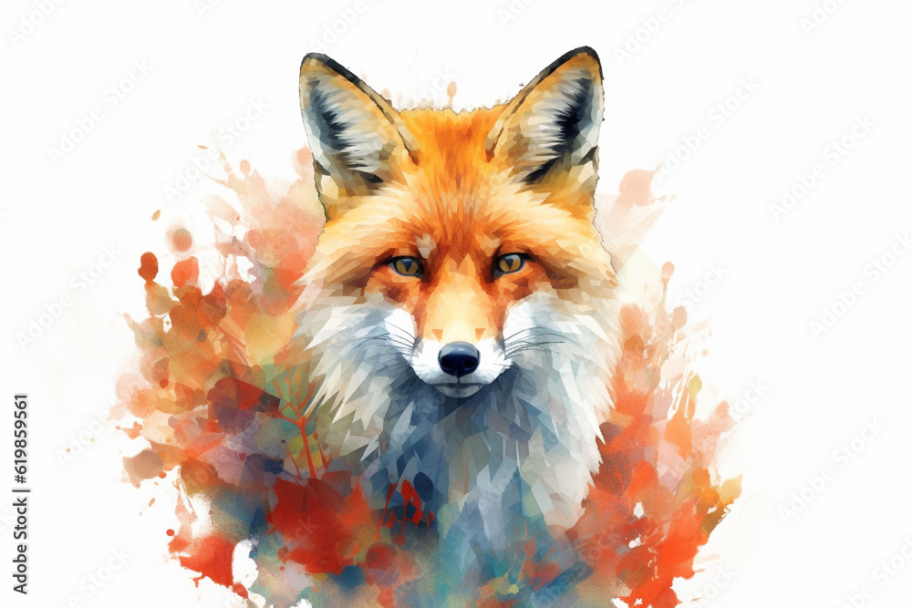 Poster An image showcases a watercolor geometric style rendering of a charming fox, with its fur depicted using a combination of geometric shapes, Generative AI technology.