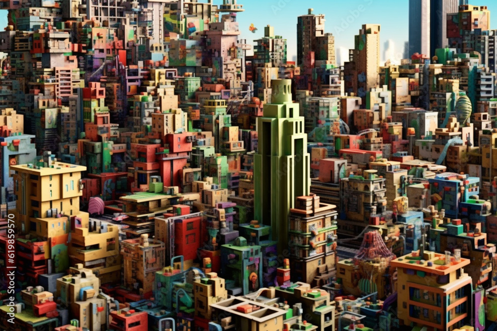 Aufkleber A popular image presents a surreal cityscape with buildings and structures made entirely of interlocking geometric shapes, defying the laws of physics and creating. Generative AI technology.