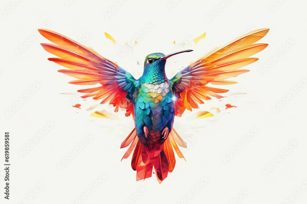Poster a captivating image showcases a watercolor geometric style representation of a graceful hummingbird,