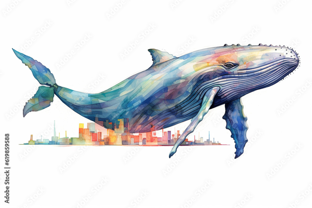 Fototapete an image portrays a watercolor geometric style representation of a majestic whale, where its streaml
