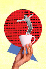 Vertical collage picture of arm fingers hold coffee cup mini black white colors girl balancing...