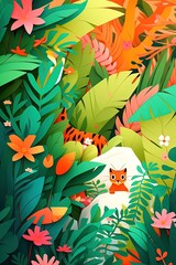 Fototapeta na wymiar Paper cut landscape jungle with animals illustration for kids made with Generative AI 