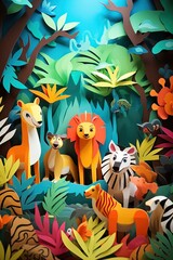 Fototapeta na wymiar Paper cut landscape jungle with animals illustration for kids made with Generative AI 