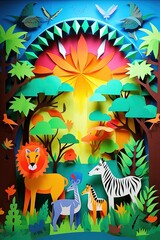 Paper cut landscape jungle with animals illustration for kids made with Generative AI 