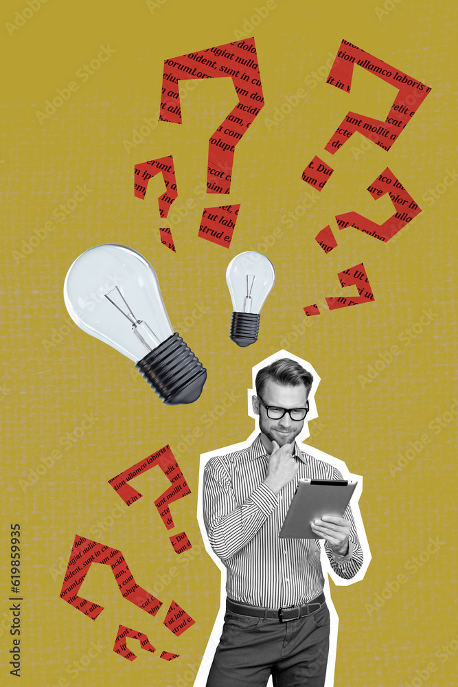 Poster vertical collage image of black white gamma minded guy use tablet big light bulb text question mark 