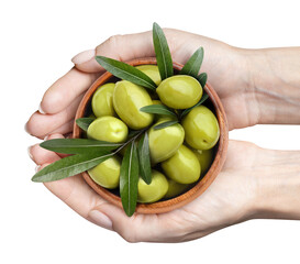 Wooden bowl with delicious green olives in hands, cut out