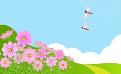 コスモスとトンボの風景イラスト © merufu