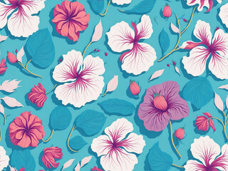 Colorful Botanical Hibiscus Flower Pattern Illustration on Blue Background. Vintage Floral Wallpaper Design for Banner, Invitation, Greeting Card. AI Generated.