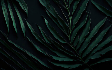 Fototapeta premium Tropical Illustration with Green Palm Leaves on Dark Background. Pattern with Exotic Botanical Wallpaper Design for Banner, Invitation, Greeting Card. AI Generated.