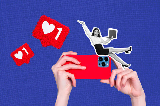Creative collage picture of arms hold use smart phone mini black white gamma girl use netbook like notification isolated on blue background