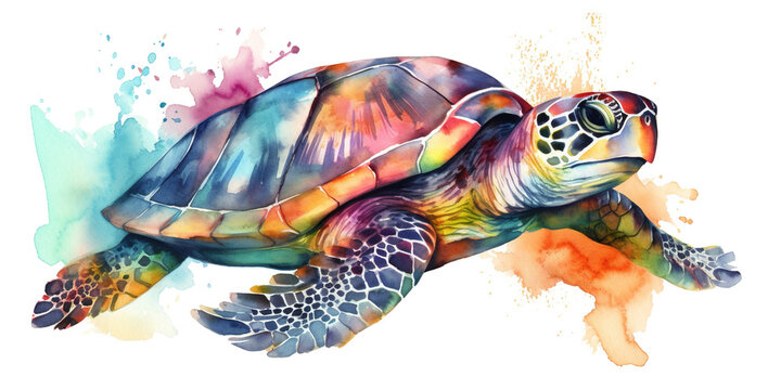 watercolor painting of colorful sea turtle in pastel colors