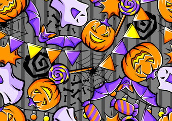 Happy Halloween pattern. Holiday background with celebration items.