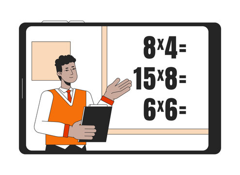Teacher explains math flat line concept vector spot illustration. Man show math exercises on blackboard 2D cartoon outline character on white for web UI design. Editable isolated colorful hero image