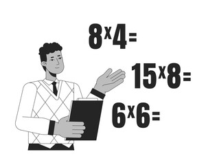 African american teacher teaching math flat line black white vector character. Editable outline half body man show math exercises on white. Education simple cartoon spot illustration for web graphic