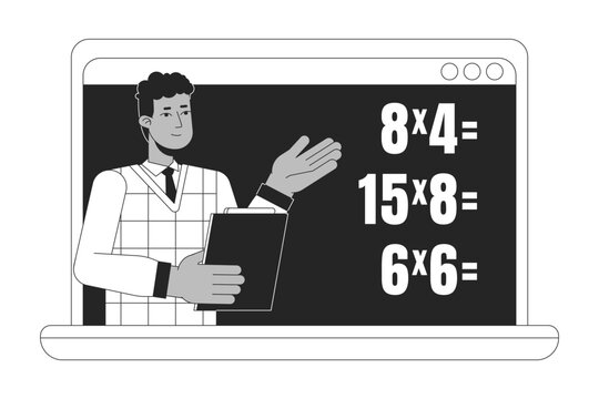 Math online lesson on laptop flat line black white vector character. Editable outline half body of man explains math on white. Education character simple cartoon spot illustration for web graphic
