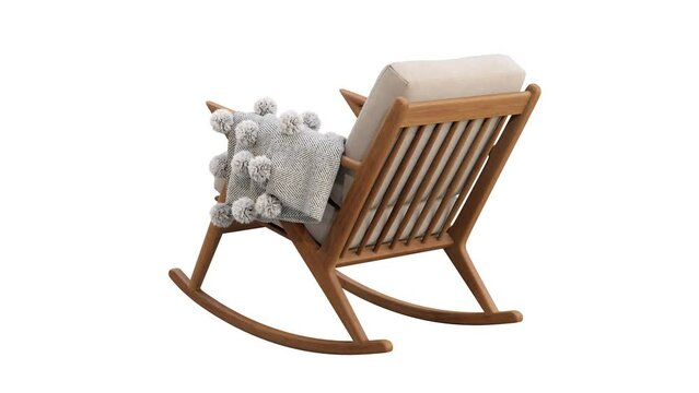 Circular animation of midcentury beige fabric upholstery rocking chair with plaid. Wooden base chair on white background. Mid-century, Modern, Scandinavian interior. 3d render
