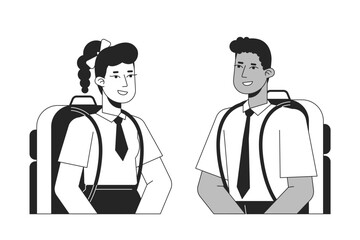 Two teenagers speaking flat line black white vector characters. Editable outline half body education characters in school uniform on white. Simple cartoon spot illustration for web graphic design