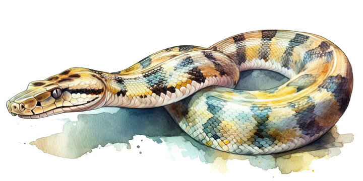 watercolor painting illustration of colorful snake in paint drops