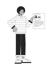 African american student show blank with mark flat line black white vector character. Editable outline full body education character on white. Simple cartoon spot illustration for web graphic design