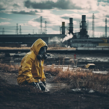 man in yellow protective suit and gas mask in highly polluted enviroment. Generative AI