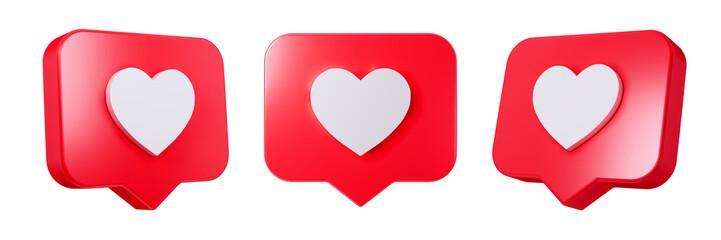 Set of heart in speech bubble icon isolated on a white background. Love like heart social media notification icon. Emoji, chat and Social Network. 3d rendering, 3d illustration - obrazy, fototapety, plakaty