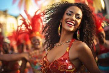 Obraz na płótnie Canvas Latin woman dancing on the streets during carnival. Generative AI