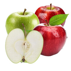 Isolated apples. Whole red and green apple fruit with leaf isolated on white background.