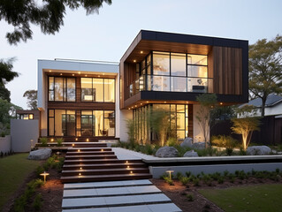 Fototapeta premium Modern two-story house with beautiful hard and soft landscaping. Built on a platform high from ground level and reached by steps.