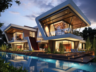 Fototapeta premium Modern two-story house with beautiful hard and soft landscaping. Built on a platform high from ground level and reached by steps.