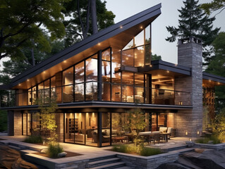 Fototapeta premium Modern two-story house with beautiful hard and soft landscaping. Built on a platform high from ground level and reached by steps.