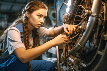 Fototapeta na wymiar Proud and confident female aerospace engineer working on an aircraft or spacecraft part. Generative AI
