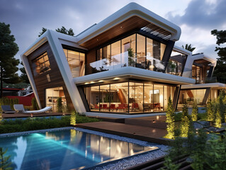 Fototapeta premium Modern two-story house with beautiful hard and soft landscaping. Built on a platform high from ground level and reached by steps.