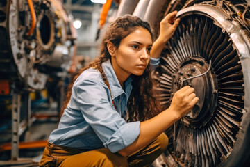 Obraz na płótnie Canvas Proud and confident female aerospace engineer working on an aircraft or spacecraft part. Generative AI