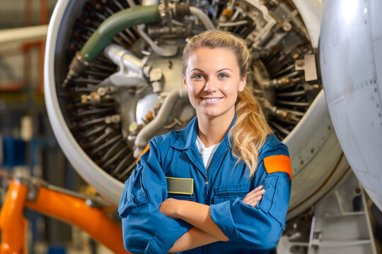 Proud and confident female aerospace engineer working on an aircraft or spacecraft part. Generative AI