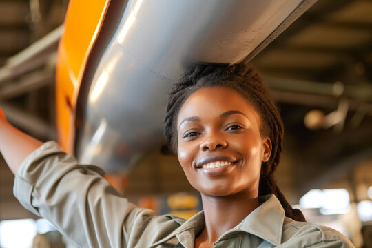 Proud And Confident African American Female Aerospace Engineer Working On An Aircraft Or Spacecraft Part. Generative AI