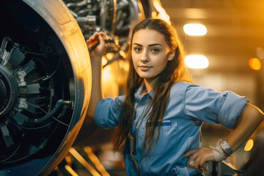 Proud and confident female aerospace engineer working on an aircraft or spacecraft part. Generative AI