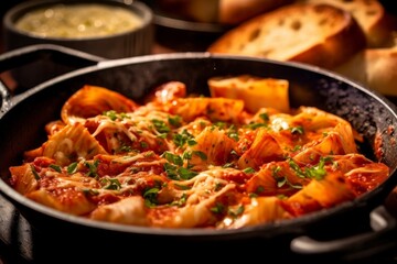 tortelloni in a rich tomato sauce with a side of garlic bread