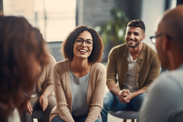 Fototapeta premium Professional therapist conducting a group session, showing genuine compassion and a comforting smile, emphasizing the importance of mental health and counseling. Generative AI