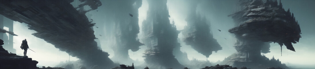 霧に包まれたゲームの世界に出てくるような壮大な崖などのイラスト - obrazy, fototapety, plakaty