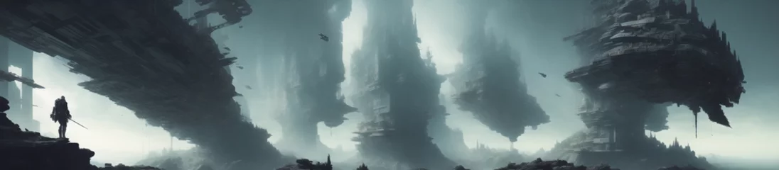 Fotobehang 霧に包まれたゲームの世界に出てくるような壮大な崖などのイラスト © sunafe