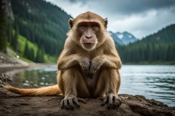 japanese macaque sitting on the rock generated by AI technology 