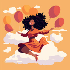 Vector invitation card invitation postcard book illustration flat style cute character girl in the clouds with balloons in the sky