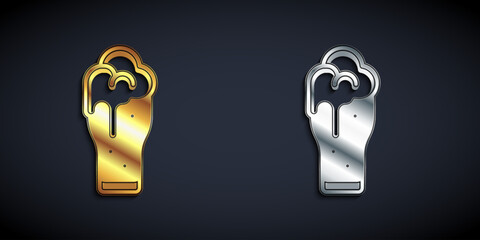 Gold and silver Glass of beer icon isolated on black background. Long shadow style. Vector