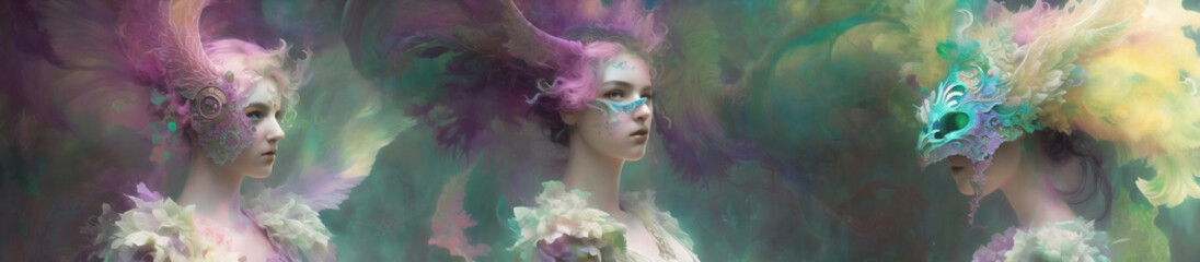 Fototapeta premium 幻想的な霧の中にいる仮面をつけたミステリアスな女性のイラスト