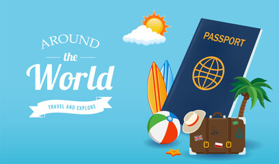 Travel composition with vacation stuff. Vector graphic