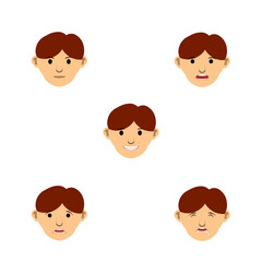 Set of male emoji characters. Cartoon style emotion icons. Isolated asian boys avatars with different facial expressions. Flat illustration men's emotional faces.