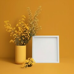 A blank photo frame in a table with plant with yellow background. Generative ai.