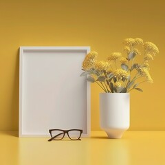A blank photo frame in a table with plant with yellow background. Generative ai.