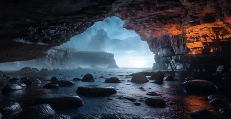 Fotobehang ゲームの世界に出てきそうな壮大な洞窟　海辺　岩場　海岸　ファンタジー　ロマン　ダイナミック © sunafe
